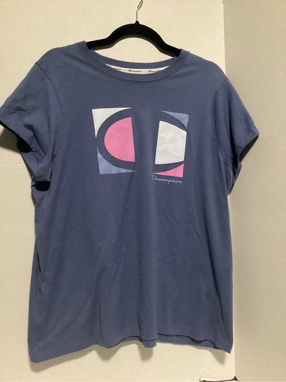Champion Short Sleeve Tee in Dusty Blue with Pink & White Logo like new size 1X